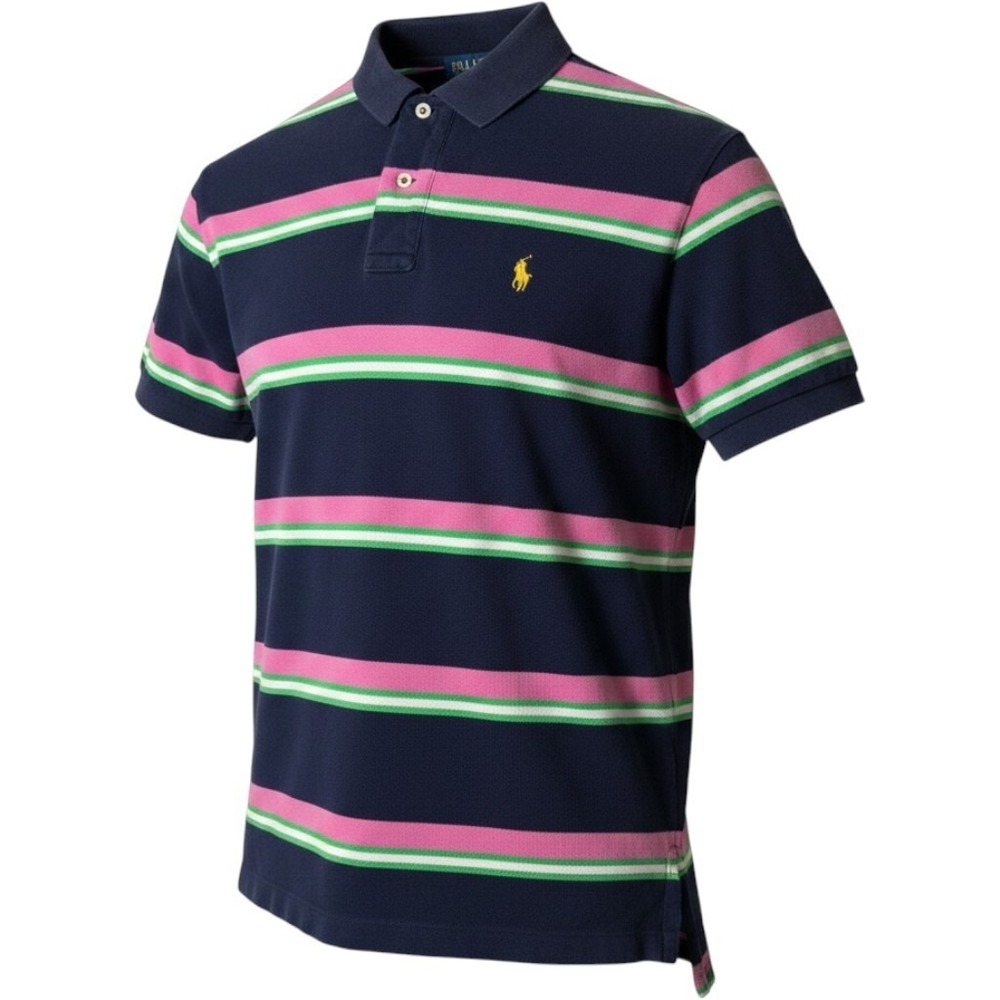 Polo Ralph Lauren Polo Sz M Navy Pink Striped Short Sleeve Pique Shirt Classic